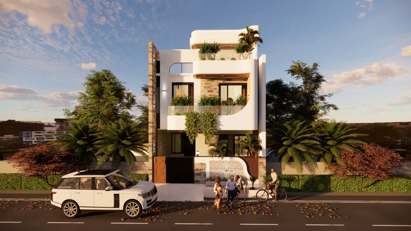 G+2 Residence – 3D Front Elevation by Anuda