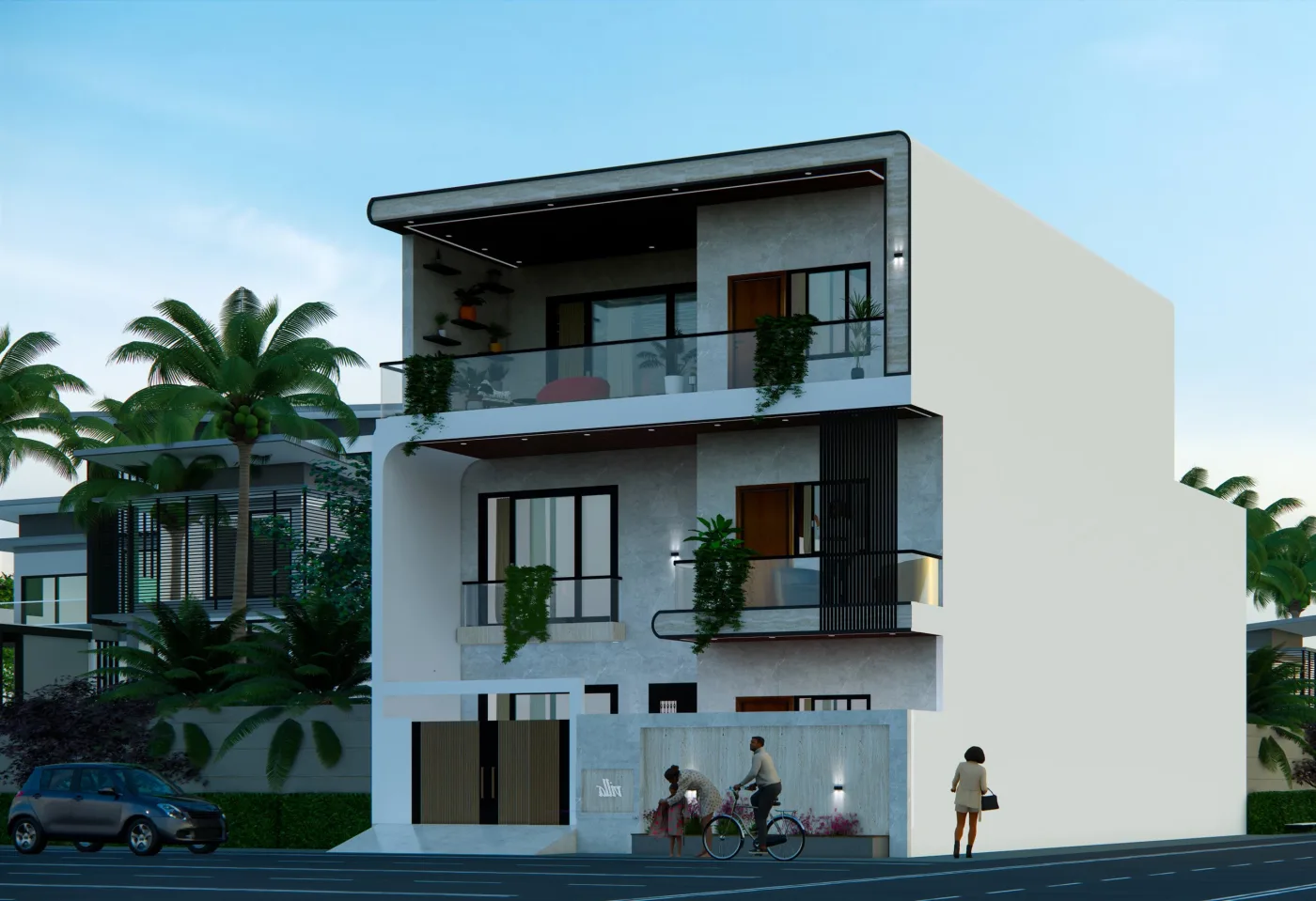 B+G+2 Residence – 3D Front Elevation by Anuda
