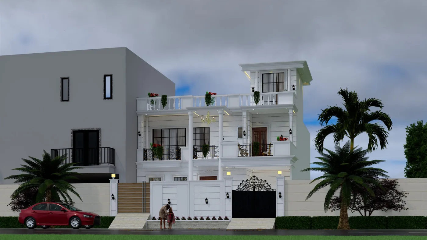 B+G+1 Residence – 3D Front Elevation by Anuda