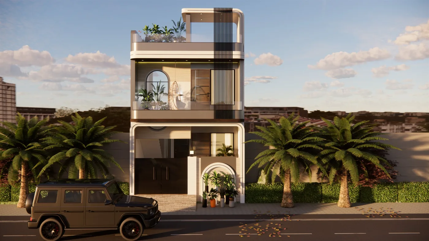 G+3 Residence – 3D Front Elevation by Anuda
