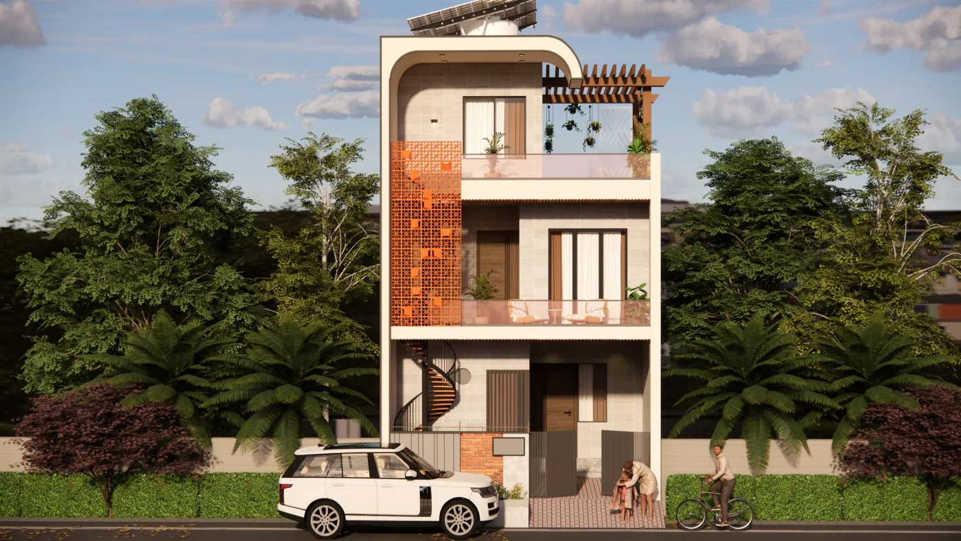 G+2 Residence – 3D Front Elevation by Anuda